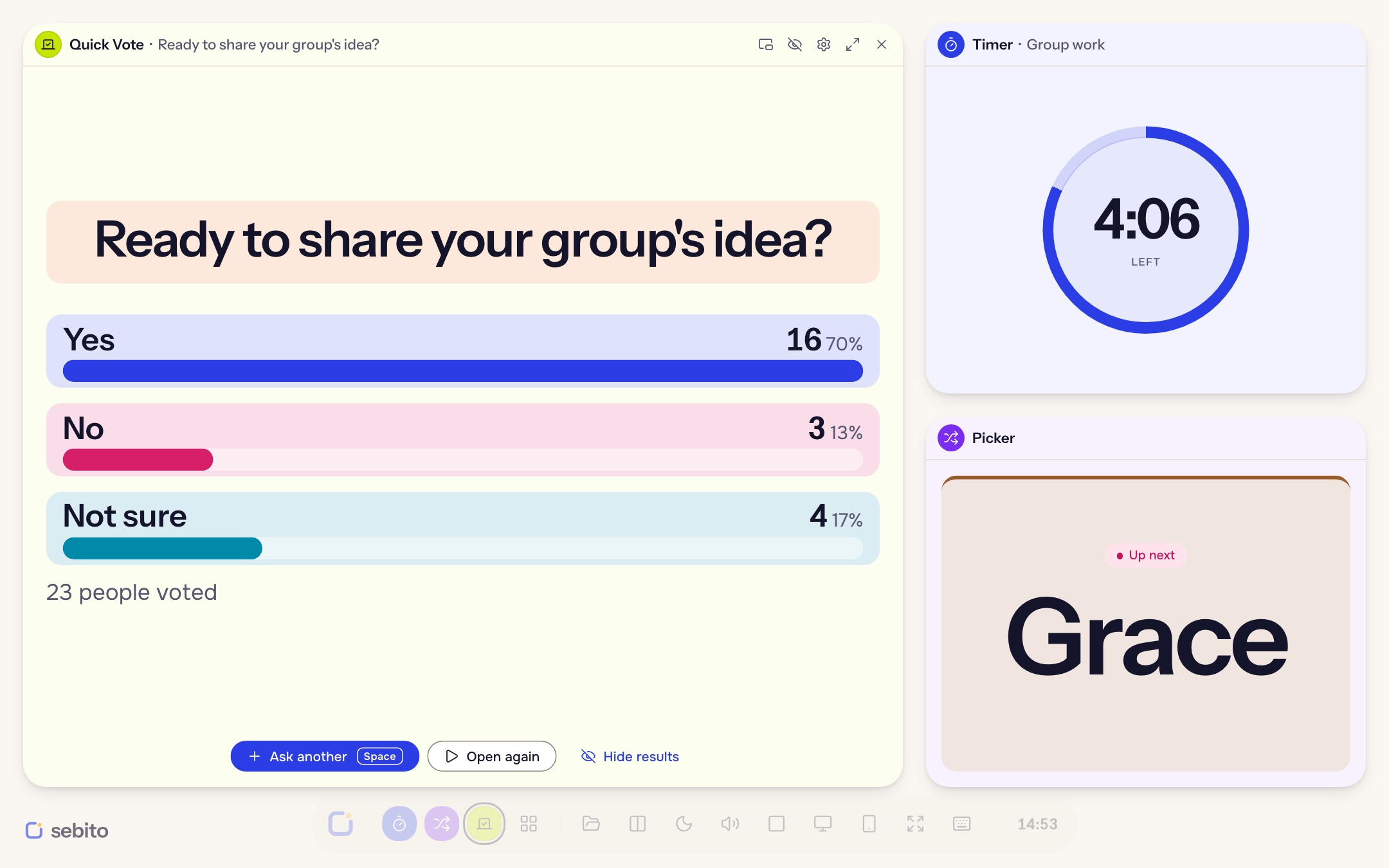 sebito’s stage on the projector: a Quick Vote asking “Ready to share your group’s idea?” with 23 votes revealed, a group-work timer with 4:06 left, and a Picker that has chosen Grace to go next.