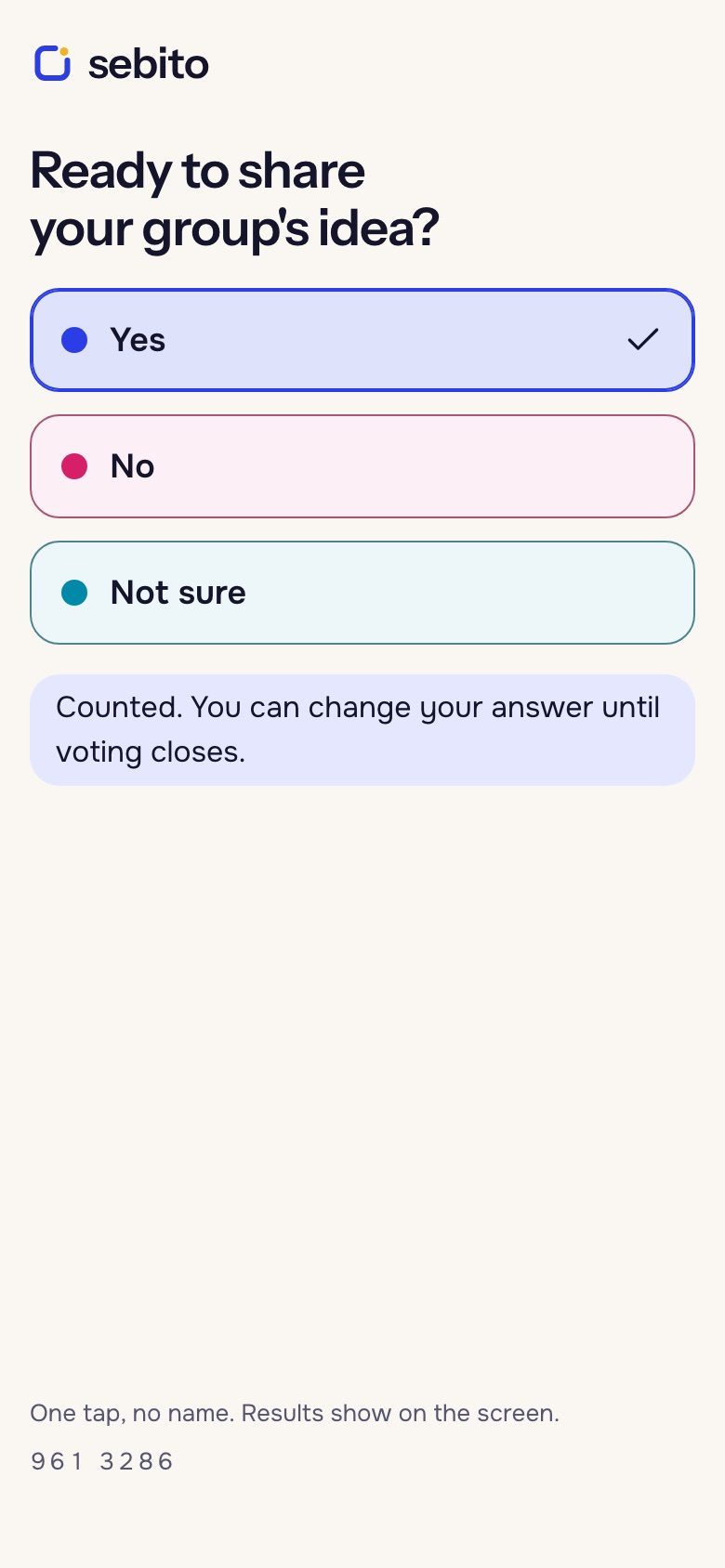 A phone that has just voted Yes in sebito’s Quick Vote: one tap, no name.